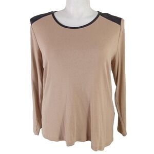Chico's 3 Top Tan Black Shoulder LARGE Long Sleeve Shirt Stretch